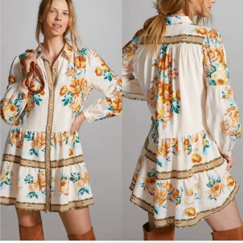 Anthropologie Floral Tiered Mini Shirt Dress Size: Small